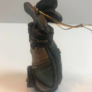 Christmas tree ornament Golf Bag & Clubs 4 in tall. Green, Brown, Gold.